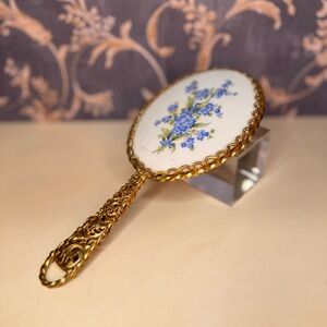 Vintage Estate Gold Toned Handheld Mirror with Floral Design